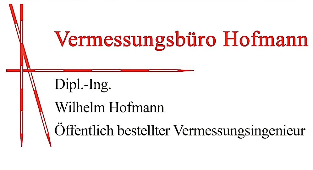 Logo Vermessungsbüro Hoffmann, roter Text mit rot-weißen Messlatten